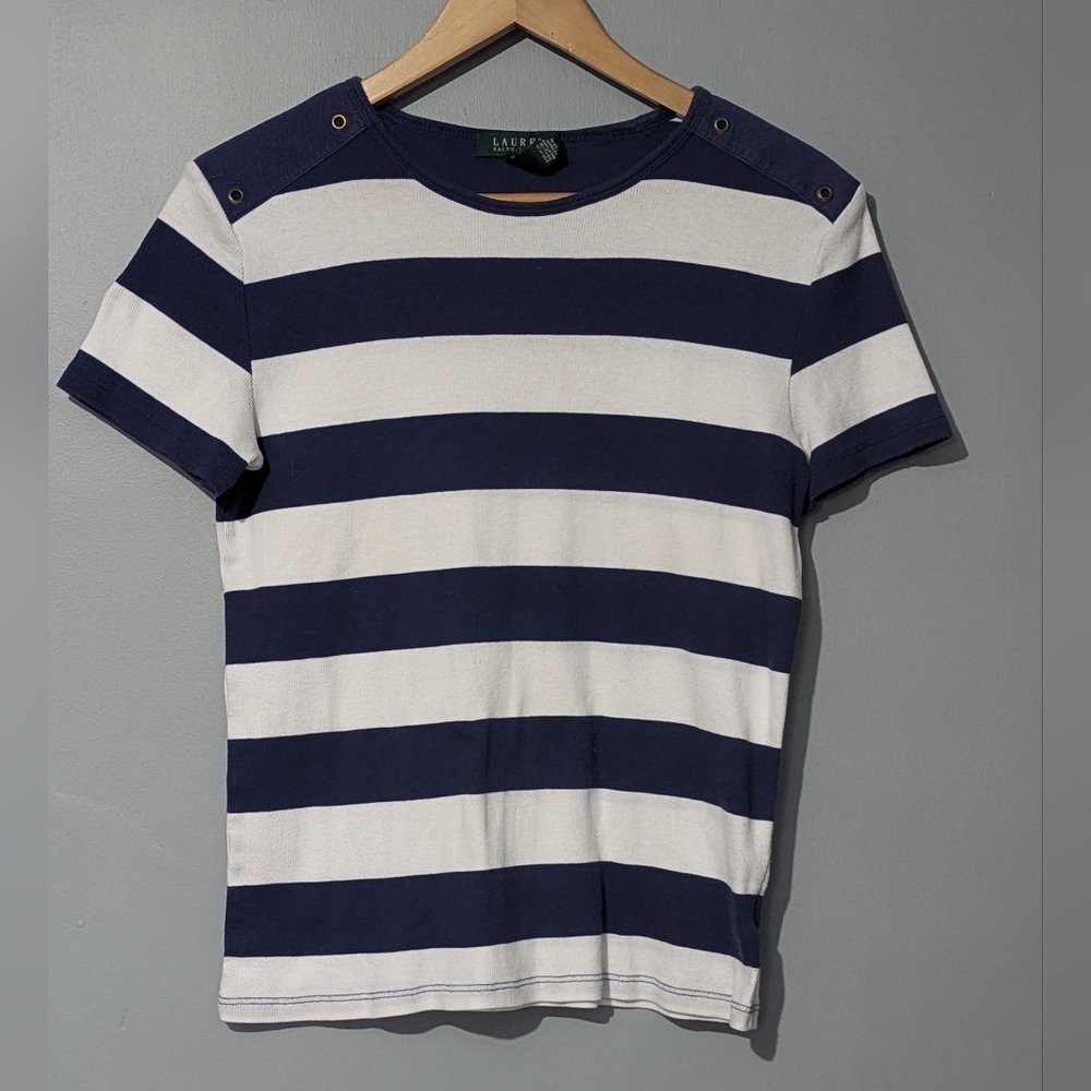 Lauren Ralph Lauren Navy and White Striped Tee‎ Women's Large